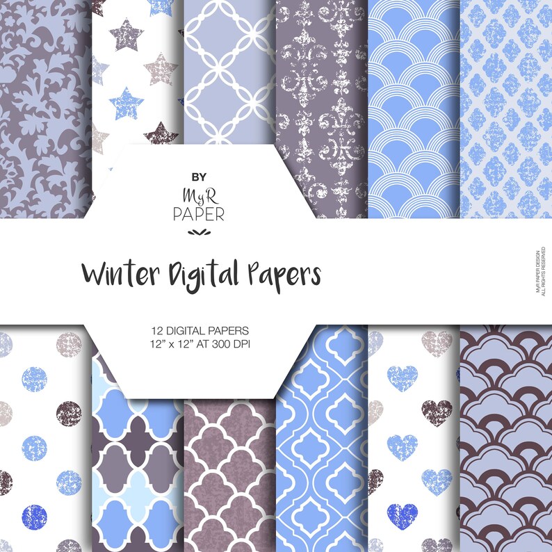 Winter Digital Paper: Soft Winter Digital Paper Pack & Backgrounds with Damask, Stars, Hearts in Light Blue, Plum, Lilac and Fresh White image 1