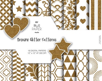 Glitter Digital Paper: "Bronze Glitter Patterns" Hintergründe mit Doodle, Chevron, Polkadots, Wabe, Streifen, Sterne, Herzen