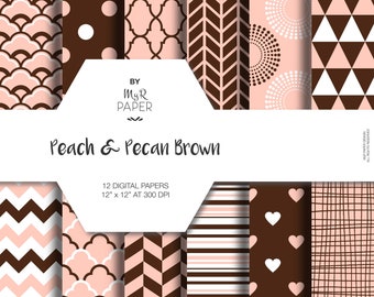 Digital paper: "Peach & Pecan Brown" pack for scrapbooking, invite, card – fans, japanese, dots, hearts, stripes, chevron, moroccan