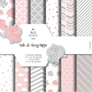 Hippopotamus digital paper 2 ClipArt: Pink & Gray Hippo scrapbooking pastel perfect for Baby Shower, invite, card, Instant Download image 1