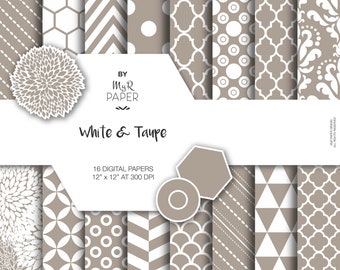 Taupe Digital Paper: "White &Taupe" Digital Paper Pack en achtergronden met Chevron, Damast, Driehoeken, Strepen en Polka Dots