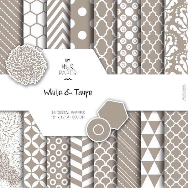 Taupe Digital Paper: "White & Taupe" Digital Paper Pack and Backgrounds with Chevron, Damask, Triangles, Stripes and Polka Dots
