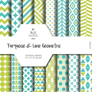 Geometric Digital Paper Pack: "Turquoise & Lime" geometric patterns for scrapbooking, invites, cards - printable - Backgrounds