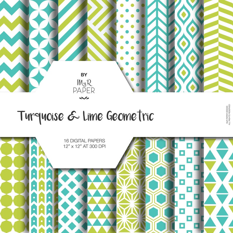 Geometric Digital Paper Pack: Turquoise & Lime geometric patterns for scrapbooking, invites, cards printable Backgrounds image 1