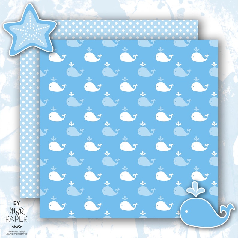 2 Clipart Digital Paper Baby Blue Whales Backgrounds With Anchor