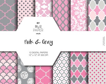 Pink gray digital paper: "Pink & Gray Patterns" digital paper pack and backgrounds with scallops, damask,dots in pink, gray and white