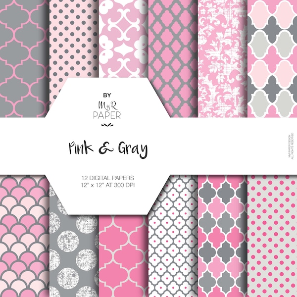 Pink gray digital paper: "Pink & Gray Patterns" digital paper pack and backgrounds with scallops, damask,dots in pink, gray and white
