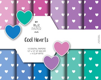 4 ClipArt + Herz Digitales Papier: "Cool Hearts" Druckbarer Hintergrund - Loveheart, weiße Herzen, Einladung, Karte - 12x12 - Digitales Scrapbooking