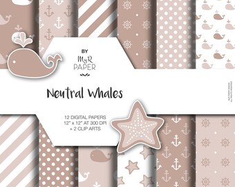 2 Clipart + Digital Paper: "Neutral Whales" backgrounds with anchor, rudder, ship'swheel, whale, starfish. Digital Scrapbooking