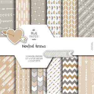 2 Clipart Arrow digital paper: Neutral Arrows backgrounds in Beige and Gray with arrows, chevron, zig zag Printable Instant Download image 1