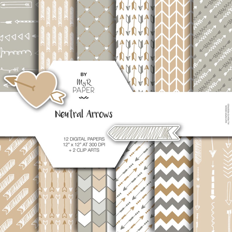 2 Clipart Arrow digital paper: Neutral Arrows backgrounds in Beige and Gray with arrows, chevron, zig zag Printable Instant Download image 1