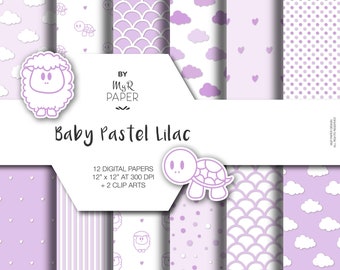 New Baby Digital Paper +2 Clipart: "Baby Pastel Lilac" backgrounds with sheep, turtles, dots, striped, clouds, hearts, scallop, Baby Shower