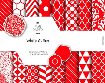 Christmas Digital Paper: "White & Red" Digital Paper Pack and Backgrounds with Chevron, Damask, Triangles, Stripes and Polka Dots