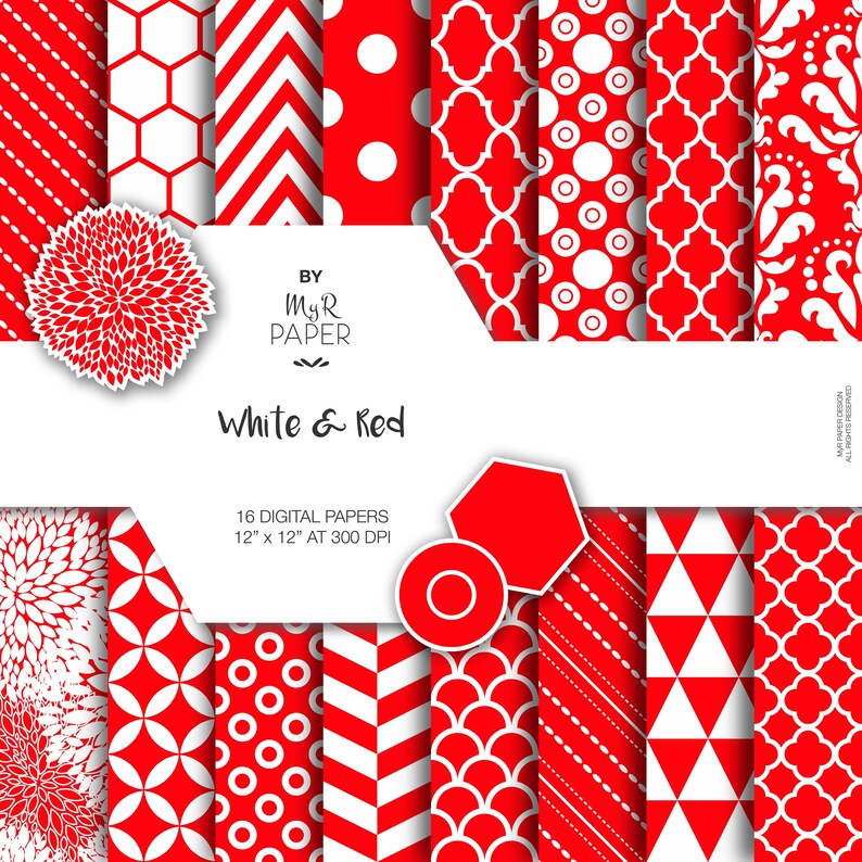 Christmas Digital Paper: White & Red Digital Paper Pack and Backgrounds with Chevron, Damask, Triangles, Stripes and Polka Dots image 1