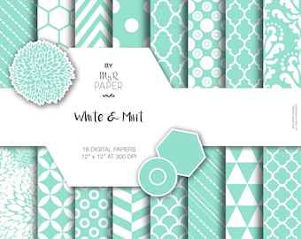 Mint Digitaal Papier: "White &Mint" Digitaal Papier Pack en achtergronden met Chevron, Damast, Driehoeken, Strepen en Polka Dots