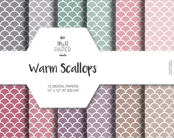 Scallop Digital Paper Pack: "Warm Scallops" - Printable Background - Shells Paper, Fish Scale Pattern, Scale Paper. Digital Scrapbooking