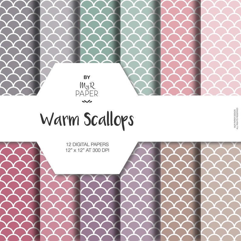 Scallop Digital Paper Pack: Warm Scallops Printable Background Shells Paper, Fish Scale Pattern, Scale Paper. Digital Scrapbooking image 1