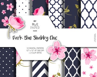 Shabby Chic Digital Paper + 2 Clipart: "Dark Blue Shabby Chic" scrapbook background, Instant Download, perfect for wedding, invite, card