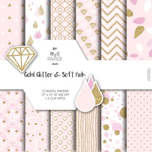 Gold glitter pink digital paper 2 ClipArt: Soft Pink light pink and gold glitter pack of backgrounds with chevron, dots, stripes, hearts image 1