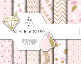 Gold glitter pink digital paper + 2 ClipArt: "Soft Pink" light pink and gold glitter pack of backgrounds with chevron, dots, stripes, hearts