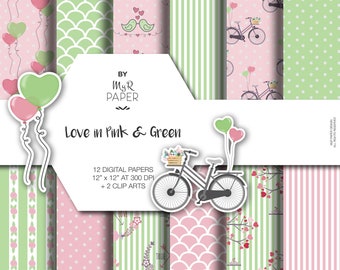 Balloon, Bird, Bike, Valentines Digital Paper + 2 Clipart: "Love in Pink & Green" scrapbooking, invite, card, perfect for Shabby projects