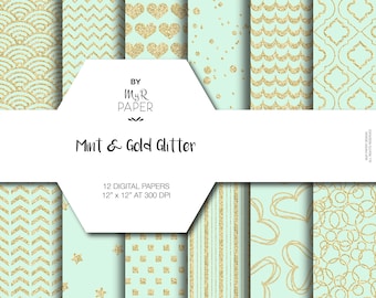 Gouden glitter digitaal papier: "Mint & Gold Glitter" Glitterpapierpakket met chevron, stippen, strepen, sint-jakobsschelpen, sterren, hartjes op Mint kleur