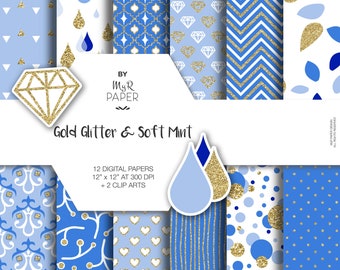 Light Blue digital paper + 2 ClipArt: "Gold & Shades of Blue" gold glitter on sky blue backgrounds  with chevron, dots, hearts and more