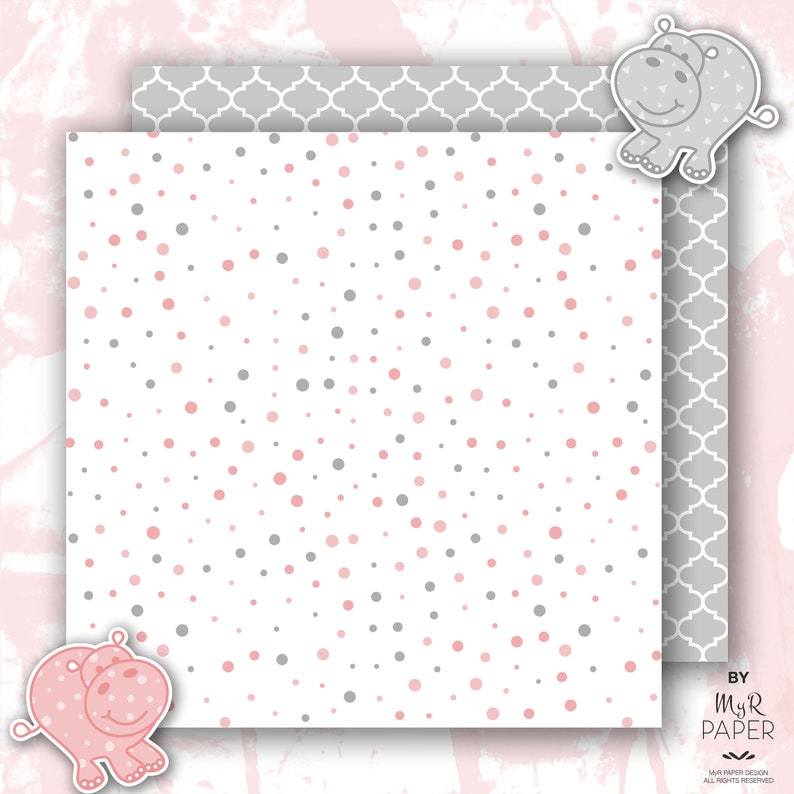 Hippopotamus digital paper 2 ClipArt: Pink & Gray Hippo scrapbooking pastel perfect for Baby Shower, invite, card, Instant Download image 3