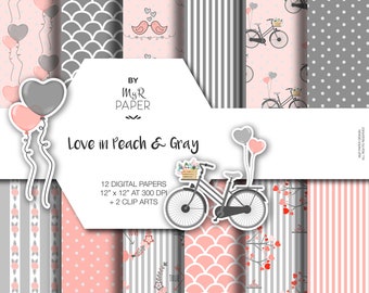 Balloon, Bird, Bike, Valentines Digital Paper + 2 Clipart: "Love in Peach & Gray" scrapbooking, invite, card, perfect for Shabby projects