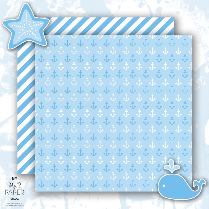 2 Clipart Digital Paper Baby Blue Whales Etsy