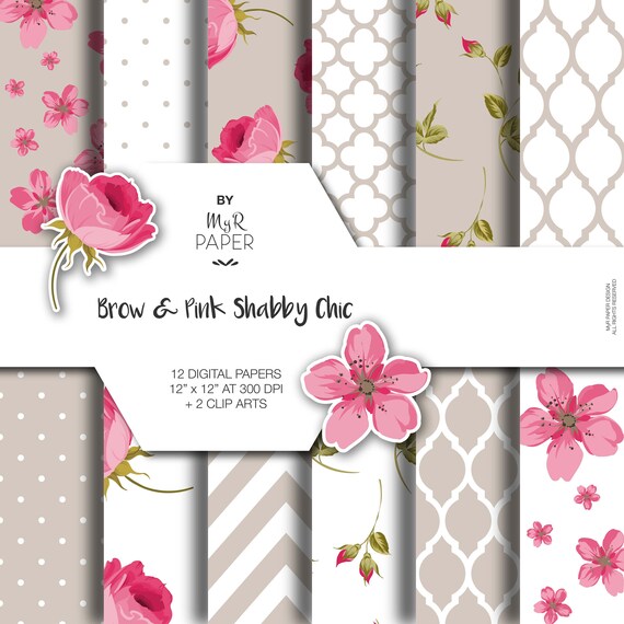 Shabby Chic Digital Paper 2 Clipart: Brow & Pink Shabby Chic.