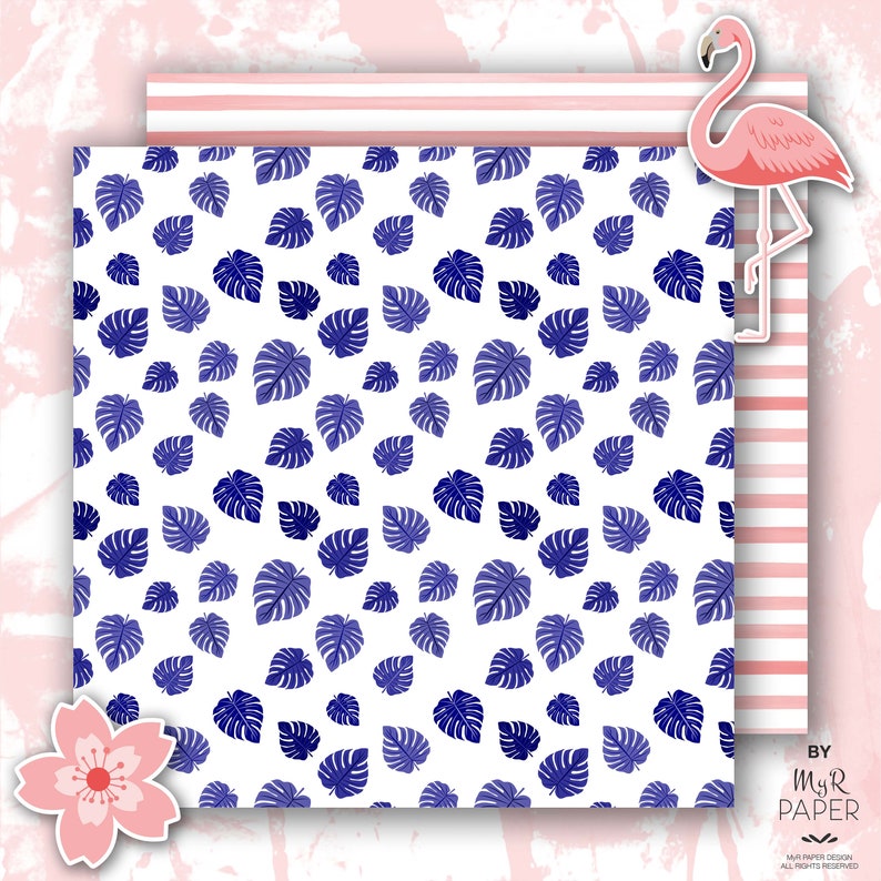 Flamingo Digital Paper 2 Clipart: Coral & Blue Tropical backgrounds w/ monstera leaf, flamingo, lotuse and water lilie. Scrapbooking image 5