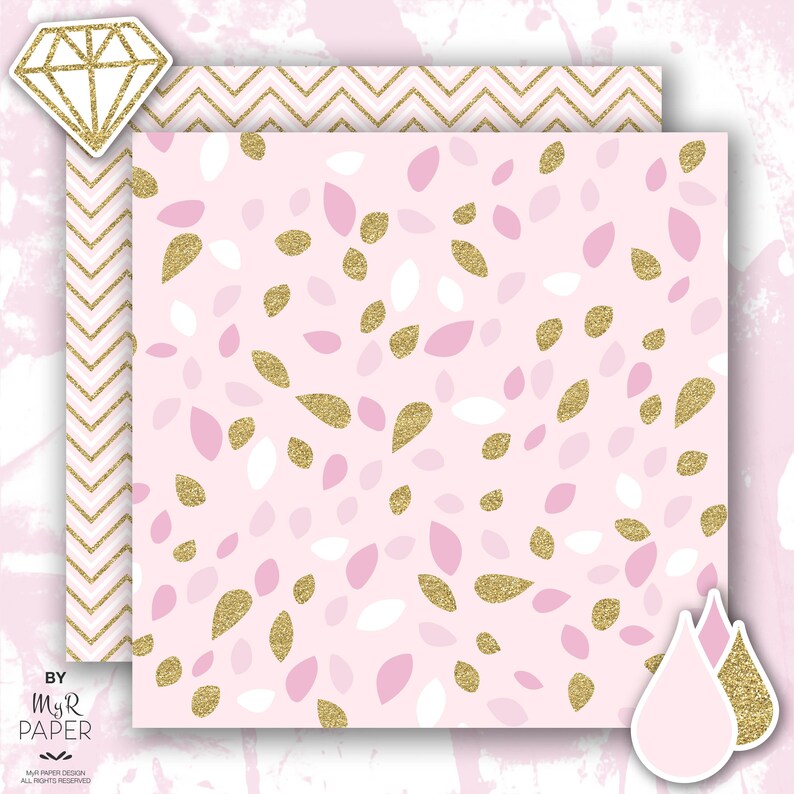 Gold glitter pink digital paper 2 ClipArt: Soft Pink light pink and gold glitter pack of backgrounds with chevron, dots, stripes, hearts image 2