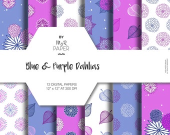 Bloemen digitaal papier: "Blue &Purple Dahlias" Scrapbook Paper - Afdrukbare achtergronden - perfect voor kaarten, uitnodigingen
