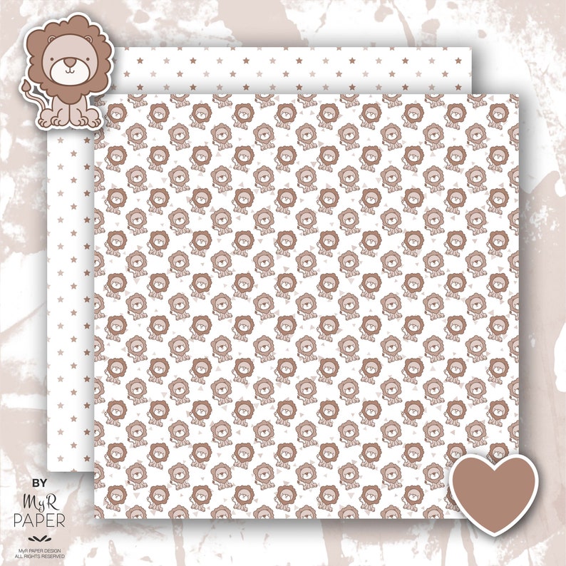 cards invites perfect for Baby Shower Lion digital paper: Neutral Lions digital scrapbooking 2 ClipArt pastel Instant Download
