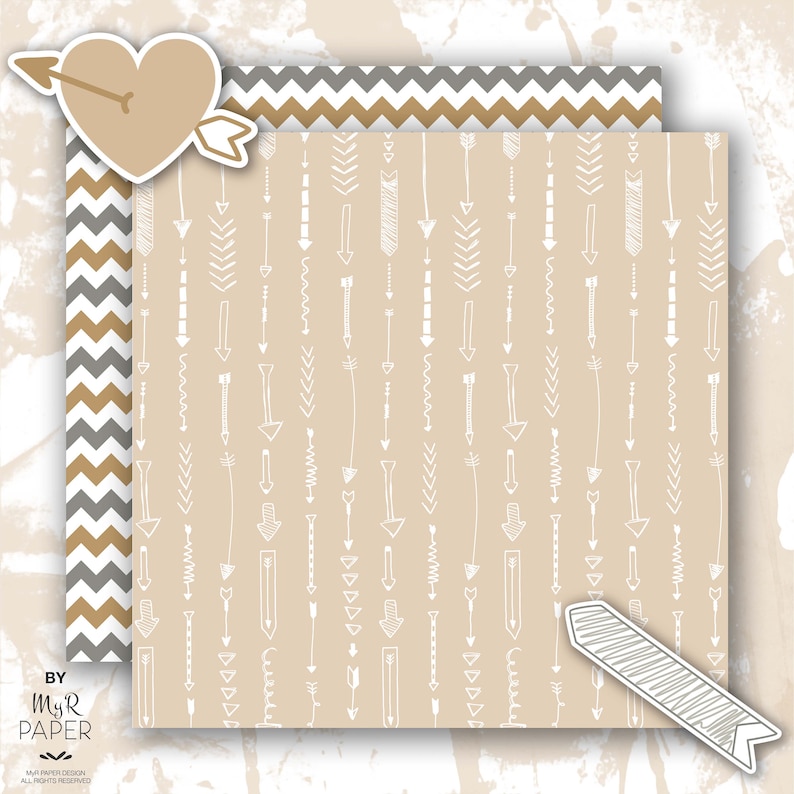 2 Clipart Arrow digital paper: Neutral Arrows backgrounds in Beige and Gray with arrows, chevron, zig zag Printable Instant Download image 2