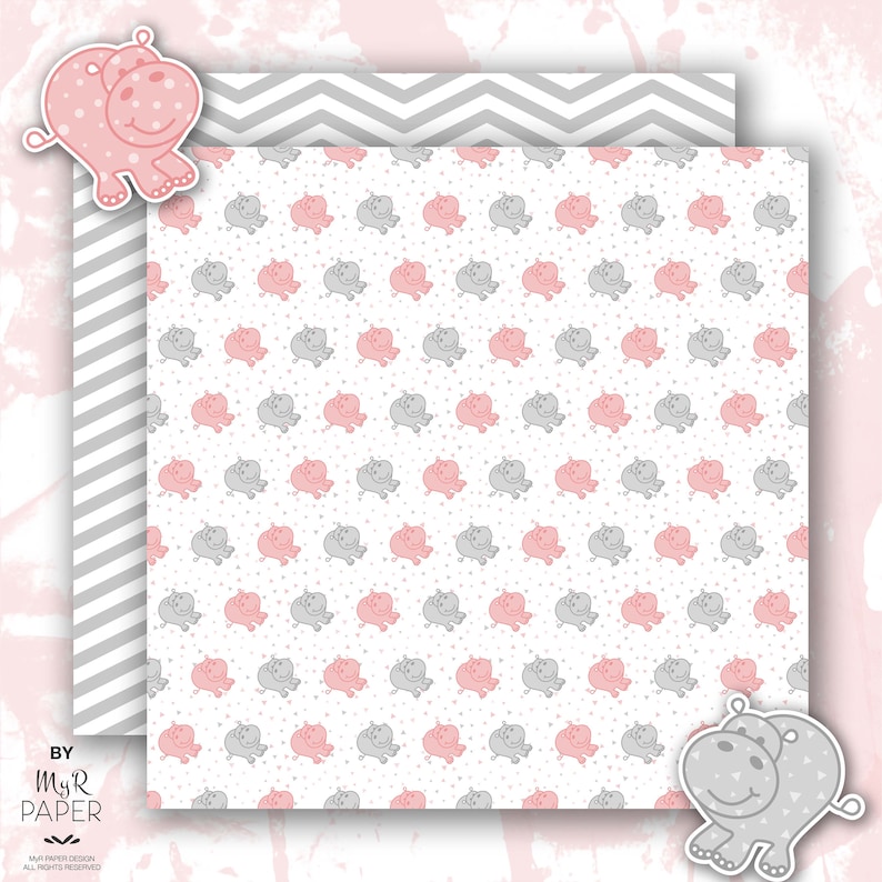Hippopotamus digital paper 2 ClipArt: Pink & Gray Hippo scrapbooking pastel perfect for Baby Shower, invite, card, Instant Download image 6