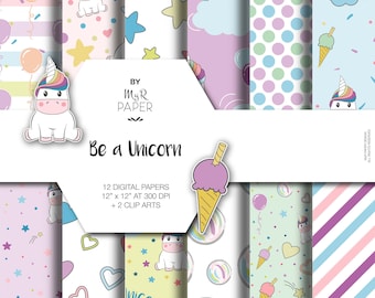 2 Clipart + Unicorn digital paper: "Be a Unicorn" ice cream, rainbow, bubble, cloud, heart, star, balloon, confetti, unicorn baby party