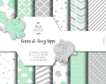Hippopotamus digital paper + 2 ClipArt: "Green & Gray Hippo" scrapbooking - pastel - perfect for Baby Shower, invite, card, Instant Download