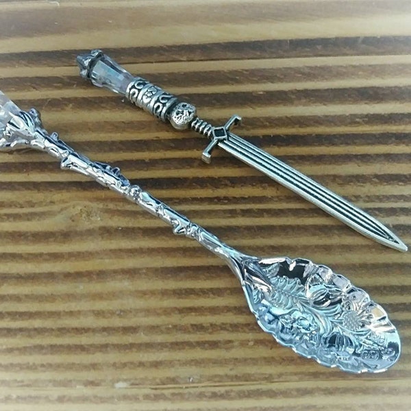 Mini Cat Athame Dagger & Herb Incense Spoon Candle Scorer - Quartz Point - Ritual Wand Unique Handmade Wiccan Pagan