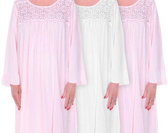 Pijama Dignity, paquete de 3, regalo, camisón de mujer con espalda abierta, de punto de algodón, bata de hospital, para ancianos, personas postradas en cama, con ribete de encaje, manga larga.