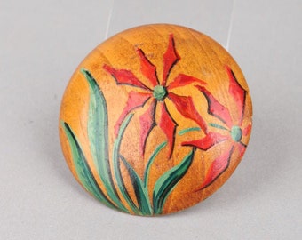 Vtg Wooden Hand Painted Flower Brooch