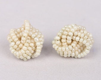 Vtg 1960s Beige Pearly Micro Bead Earrings