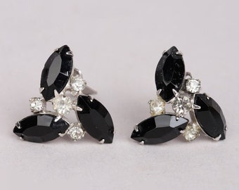 Vtg 1950s Silver Black Rhinestone Earrings