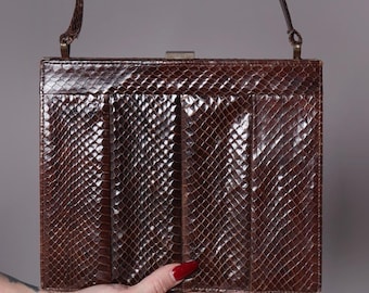 Sac à main vintage en cuir façon serpent marron chocolat