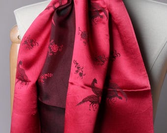 Vtg 1950s 60s Red Fazants & Flower Fringed Scarf