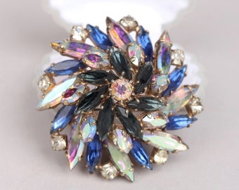 Vtg 50s 60s Blue AB Crystal Statement Brooch