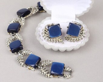 VTG 50s Signé 'Coro' Blue Thermoset Bracelet & Boucles d’oreilles Set