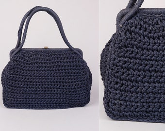 Vtg Fin des années 1950 années 60 Sac au crochet bleu foncé italien