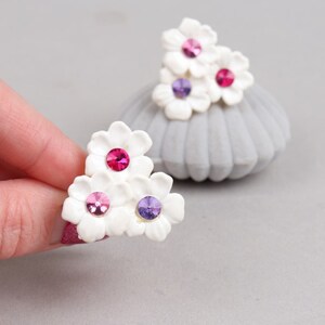 Large White Floral Rhinestone Clip Earrings image 4